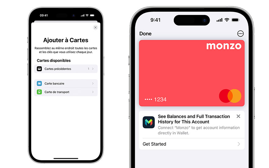 Deux iPhones affichent l'application Wallet. L'un propose d'ajouter des cartes, l'autre montre une carte Monzo rouge.