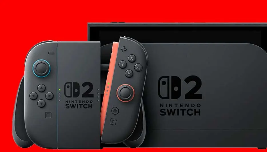 Console Nintendo Switch noire, avec manettes et écran sur fond rouge. Le logo "Nintendo Switch" est visible.