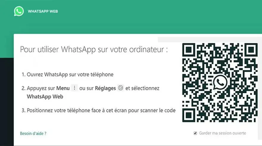 Capture d'écran de WhatsApp Web avec instructions en français et un code QR pour la connexion.