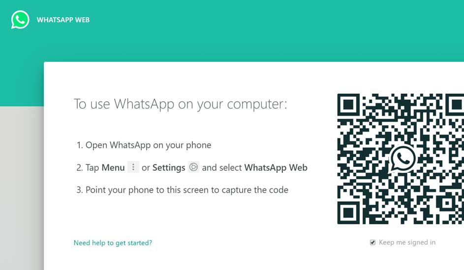 A screen displays instructions for using WhatsApp on a computer, alongside a QR code for scanning.