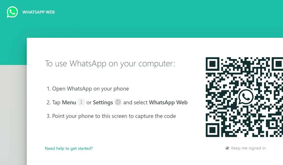 A screen displays instructions for using WhatsApp on a computer, alongside a QR code for scanning.