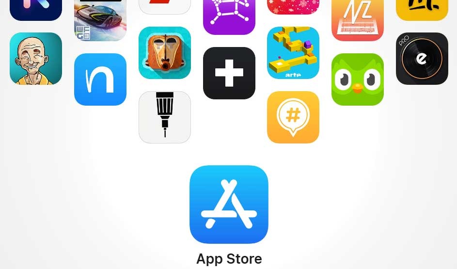 A collage of colourful app icons surrounds the blue Apple App Store logo, highlighting downloads and creativity in a clean, minimal layout.