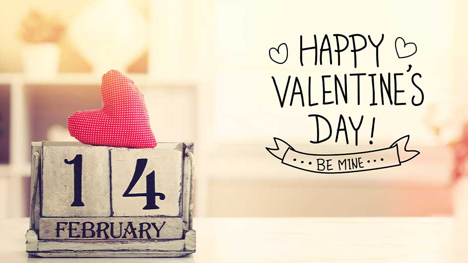 Calendrier du 14 février avec cœur rouge et message "Joyeuse Saint-Valentin".