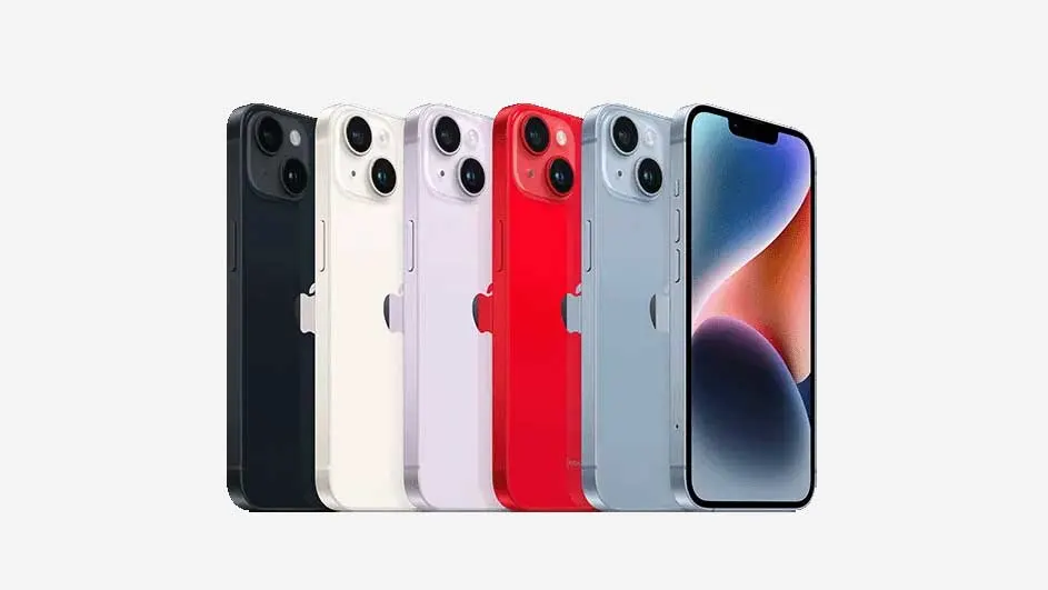 Cinq iPhones colorés (noir, blanc, mauve, rouge, bleu) alignés sur fond blanc. L'un a l'écran visible.