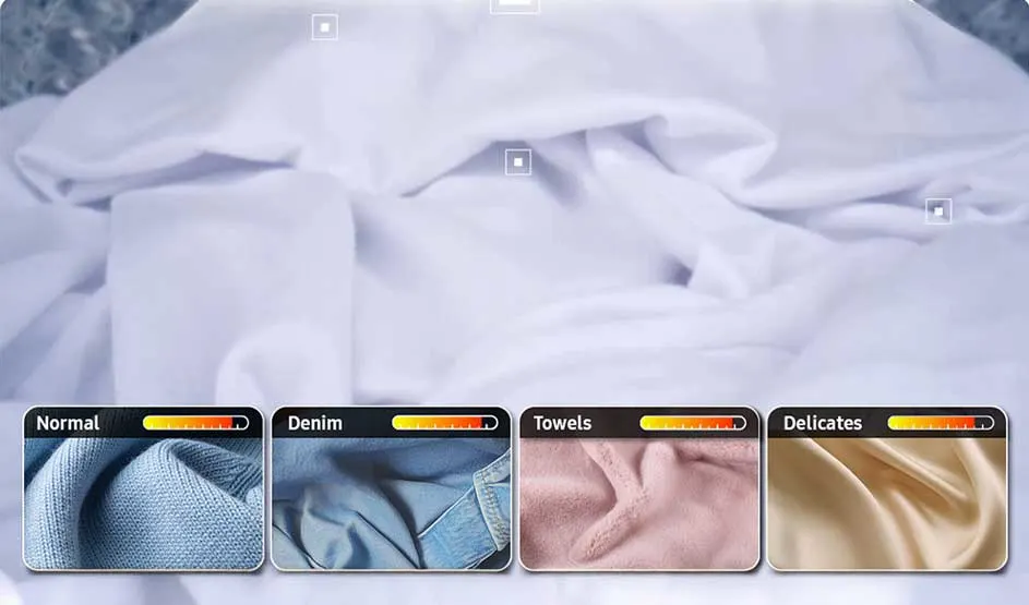 Witte was vult het beeld met meetvakjes; onderaan vier programma’s: Normal, Denim, Towels en Delicates, elk met stofbeeld en balkindicator.