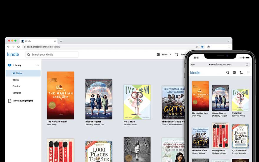 Un écran d'ordinateur et un téléphone affichent la bibliothèque Kindle avec des couvertures de livres colorées.