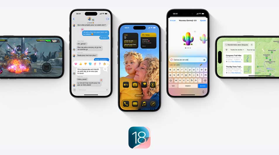 Cinq iPhones Apple illustrent iOS 18 avec des jeux, messages, widgets, clavier et carte affichés sur chaque écran.