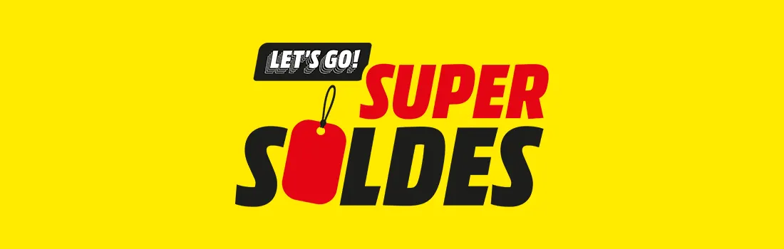 Logo "Super Soldes" noir et rouge avec étiquette rouge sur fond jaune.