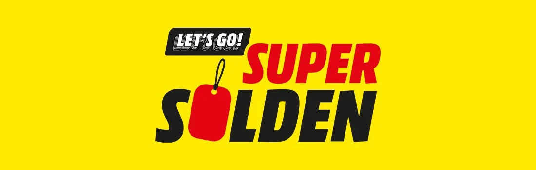 Geel affiche met de tekst "SUPER SOLDEN" in rode en zwarte letters, met een rood prijskaartje links.