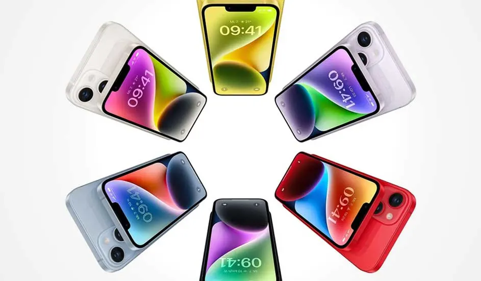 Zes kleurrijke Apple iPhones liggen in een cirkel, elk met een levendig scherm en een enkele grote cameralens op de achterkant.