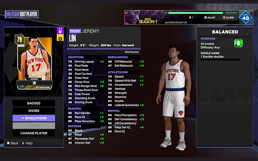 Computerscherm toont NBA 2K24 MyTeam menu met Jeremy Lin spelerkaart en statistieken tegen een donkere achtergrond.
