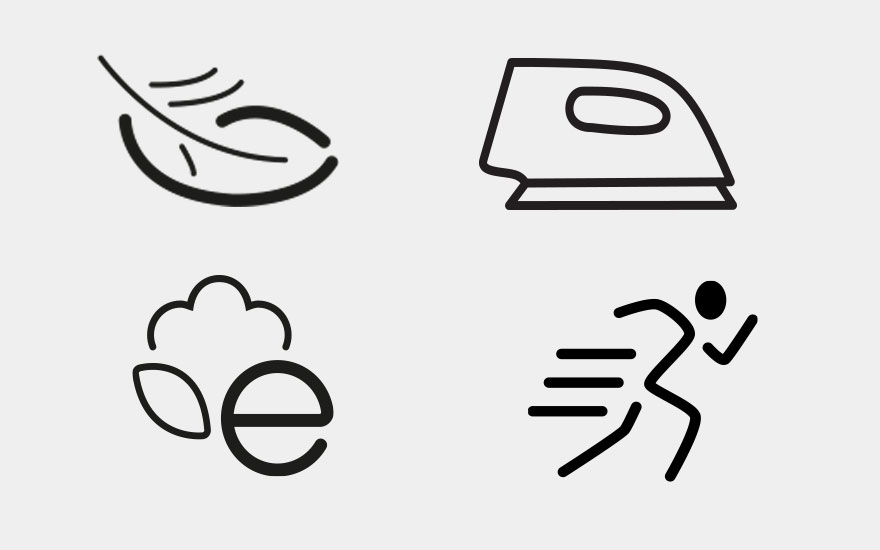 Vier zwarte pictogrammen op een witte achtergrond: een veer, een strijkijzer, een blad met een 'e', en een hardloper.