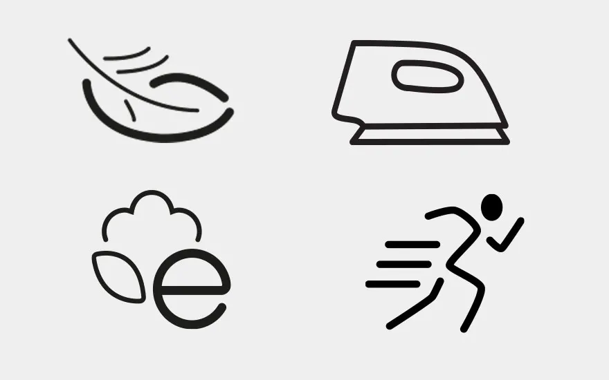 Vier zwarte pictogrammen op een witte achtergrond: een veer, een strijkijzer, een blad met een 'e', en een hardloper.