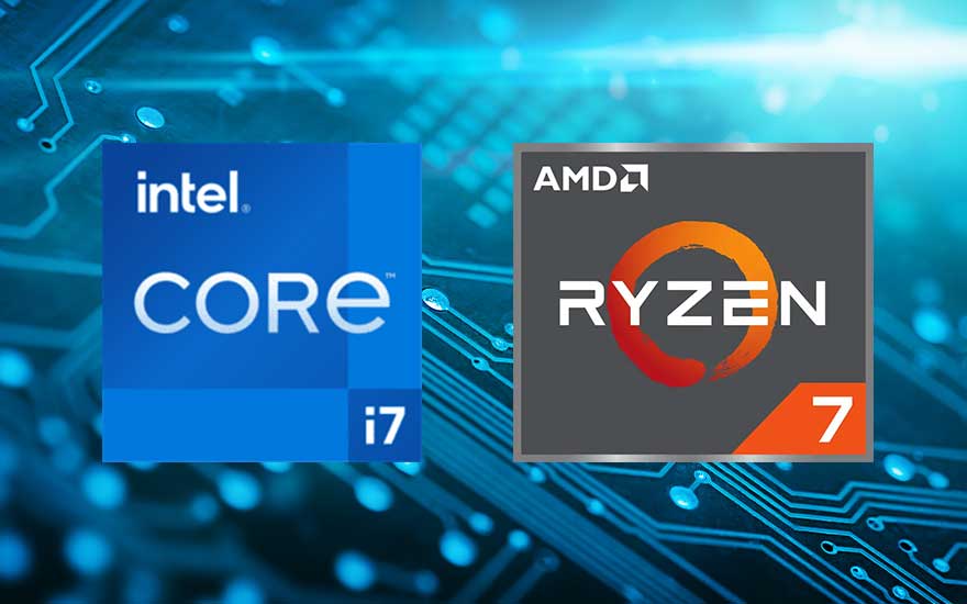 Deux logos de processeurs, Intel Core i7 (bleu) et AMD Ryzen 7 (gris), sur un fond de circuit bleu.