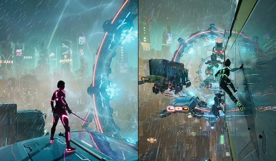 Tweedelig beeld: links, een futuristische stad met neonreclame en blauwe structuren; rechts, een persoon klimt op een muur, met vliegende voertuigen.