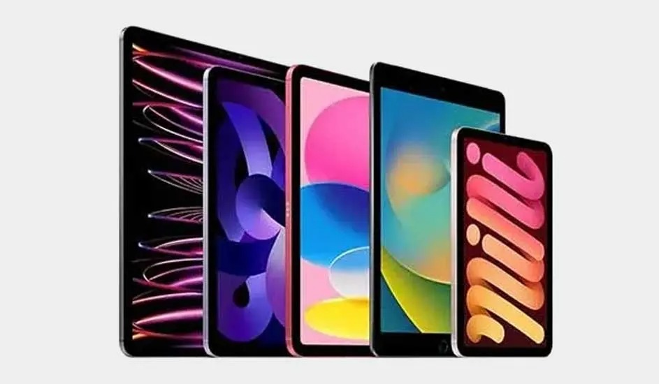 Five iPads stand upright against a gray backdrop. Each tablet displays a unique, colorful screen design.