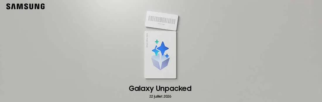 Teaser Samsung Galaxy Unpacked avec carton blanc, code-barres, icône étoilée et date du 22 juillet 2026 sur fond gris.