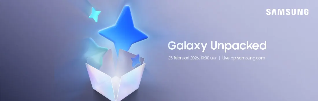 Een Samsung-banner voor “Galaxy Unpacked” op 25 februari 2026 19:00, met een doos waar lichtgevende sterren uit springen.