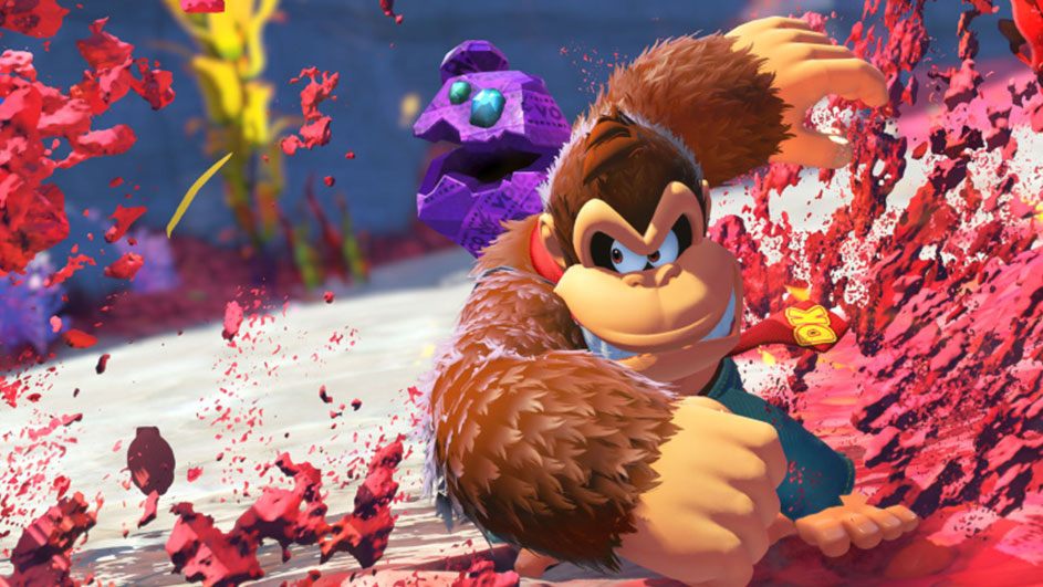 Un singe brun, un totem violet et des éclaboussures rouges sur fond bleu et blanc.