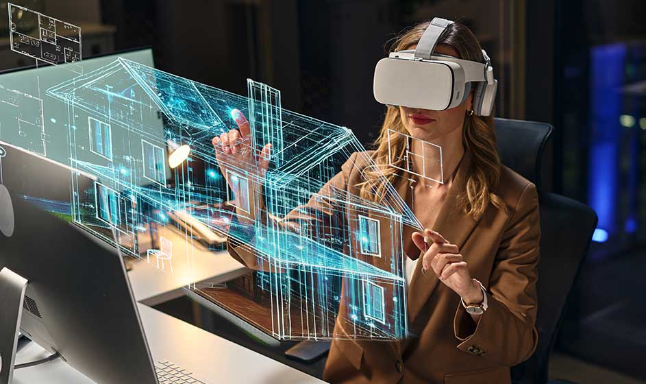 Une femme porte un casque de réalité virtuelle et examine un modèle numérique lumineux d’un bâtiment. Un ordinateur portable est posé devant elle.