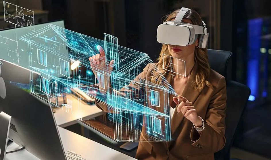 Een vrouw draagt een virtualrealitybril en gebruikt haar handen om een lichtblauw digitaal gebouwmodel te bekijken. Een laptop staat voor haar op tafel.