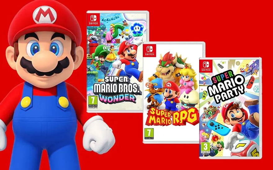 Mario figure with game covers on a red background. There are three Nintendo Switch games: "Super Mario Bros. Wonder", "Super Mario RPG", and "Super Mario Party".