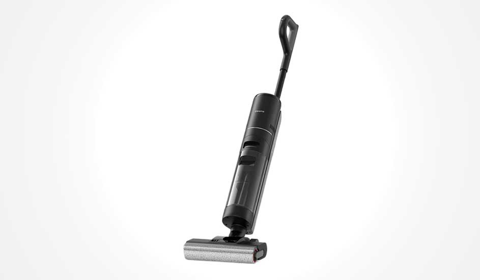 Black cordless floor cleaner with slim body, wide roller brush and curved handle, shown at an angle against a smooth, light background.