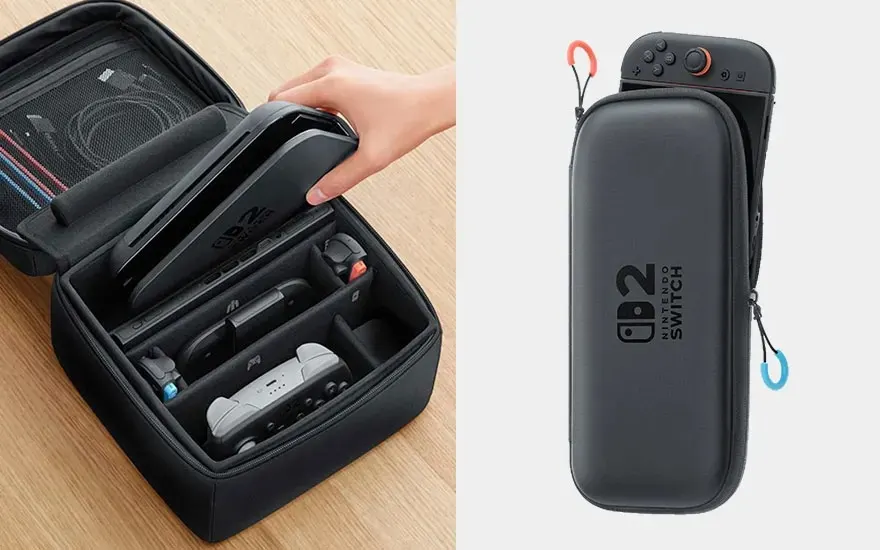 Een Nintendo Switch 2 met accessoires zit netjes opgeborgen in een zwarte draagtas met het Nintendo-logo erop.