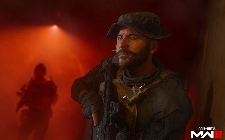 Een man met een pet en een geweer staat tegen een rode achtergrond met een schaduw. Het logo van Call of Duty staat in de hoek.