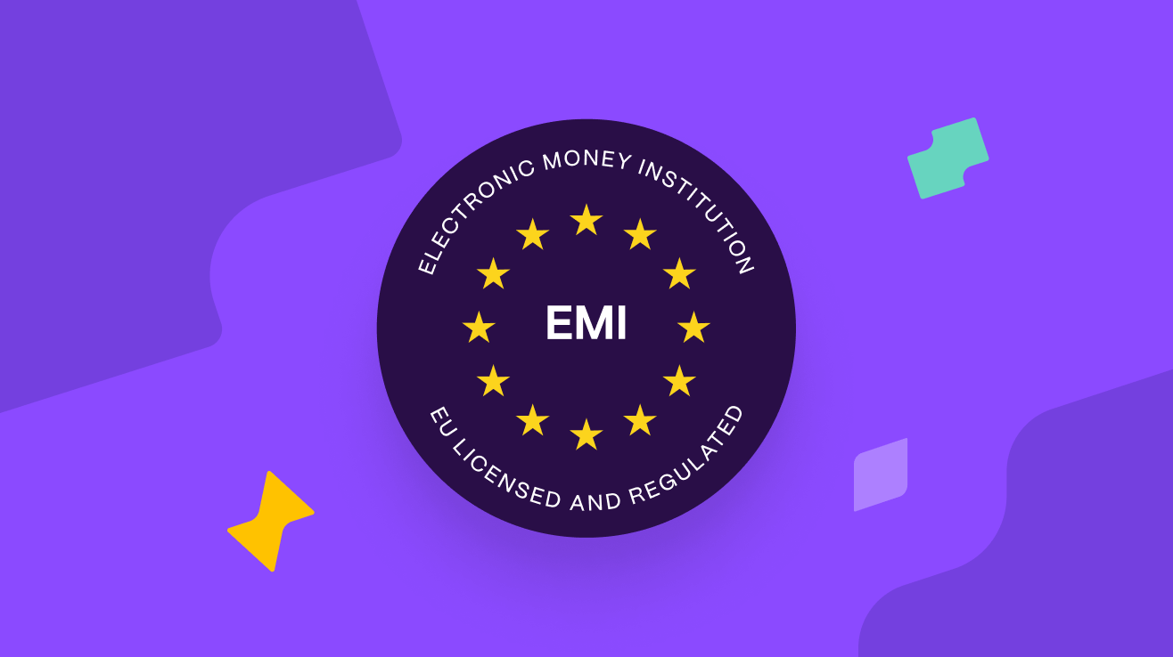 Paarse achtergrond met donkerpaarse cirkel met gouden sterren en tekst 'EMI', 'Electronic Money Institution', 'EU Licensed and Regulated'.