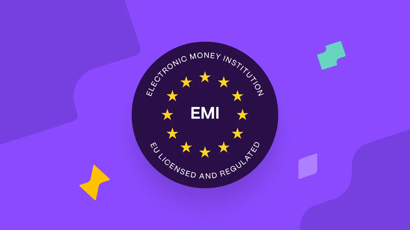 Paarse achtergrond met donkerpaarse cirkel met gouden sterren en tekst 'EMI', 'Electronic Money Institution', 'EU Licensed and Regulated'.