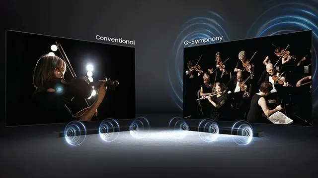 Deux écrans TV affichent des musiciens sur fond noir, avec des haut-parleurs en bas et l'inscription "Q-Symphony".