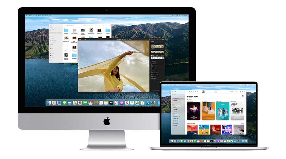 Een iMac en een MacBook staan op een witte achtergrond. Beide schermen tonen vensters met verschillende toepassingen.