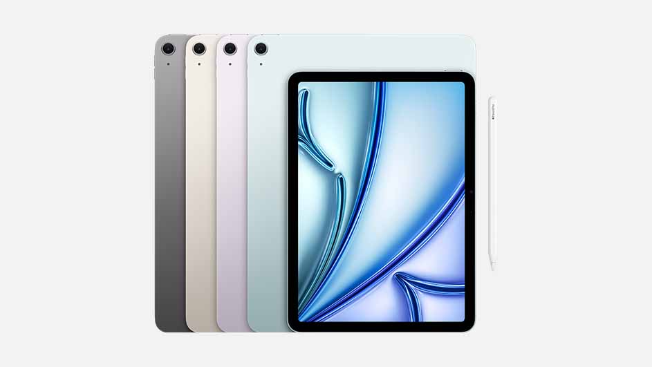 Cinq tablettes de différentes couleurs sont présentées, celle de droite affichant un écran bleu et blanc. Un stylet blanc est visible.