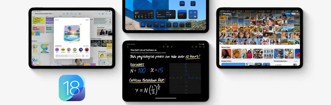 Vier iPads tonen verschillende apps: creatieve tools, homescreen met widgets, wiskundige berekeningen en fotogalerij. iOS 18 logo onderaan.