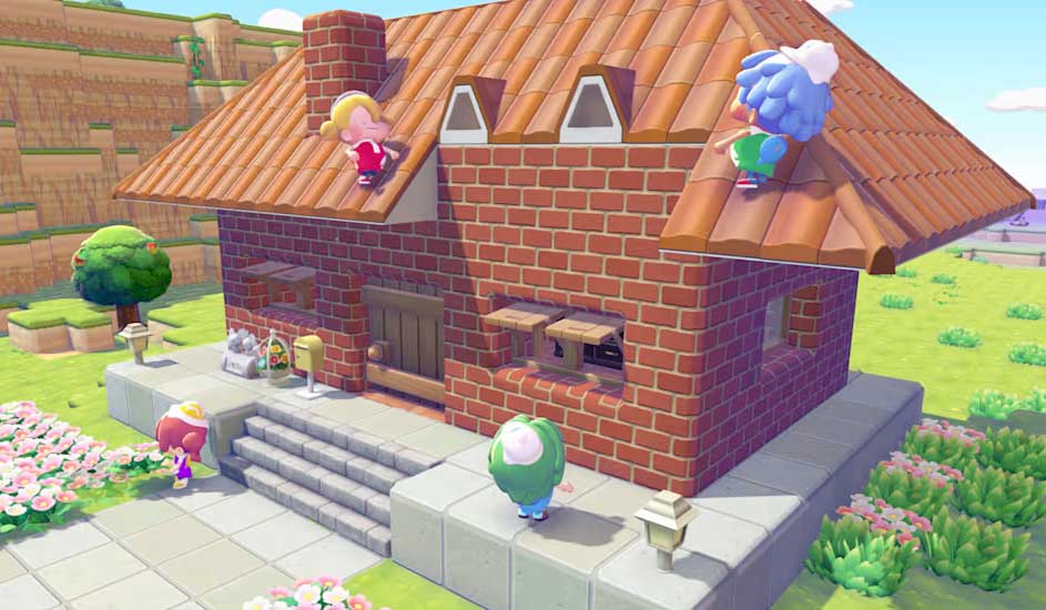 Cute brick house with a red roof where colourful characters are playing around the steps, flowers and green garden paths.