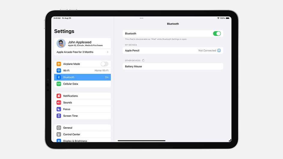 Tablette affichant les paramètres Bluetooth. Bluetooth activé, Wi-Fi connecté. Apple Pencil non connecté.