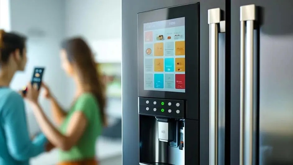 Een moderne zwarte koelkast met touchscreen en waterdispenser, waarop kleurrijke apps zichtbaar zijn, staat in een lichte keuken.