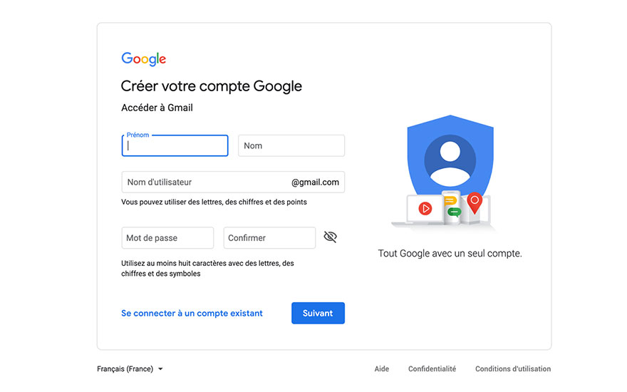 Formulaire Google "Créer votre compte" sur fond blanc. Champs pour prénom, nom, nom d'utilisateur, mot de passe et icône Google.