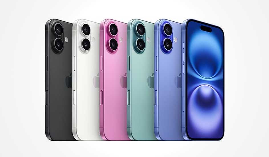 Several slim phones in bright colors with twin rear cameras, plus one facing forward displaying a vivid blue abstract screen.