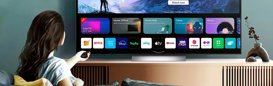 Une télévision affiche un menu avec des applications comme Netflix et Hulu. Une plante est dans un vase sur une table en bois.
