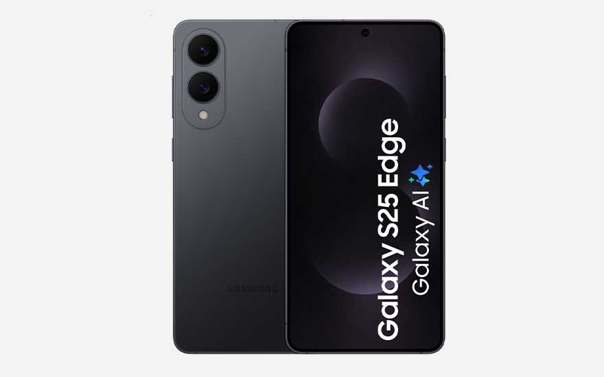 Dark grey Samsung Galaxy S25 Edge with dual camera and black display with white text on light background.