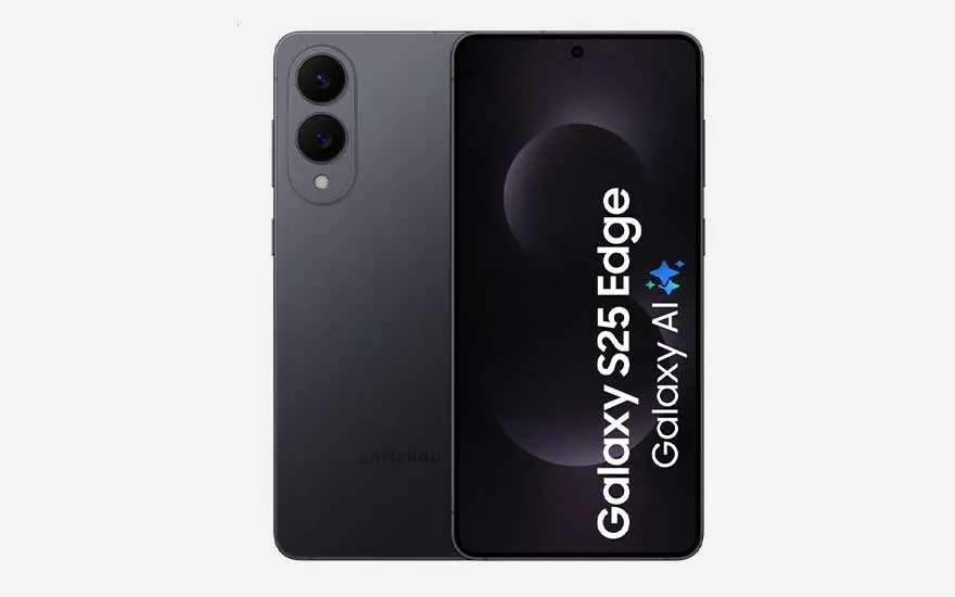 Donkergrijze Samsung Galaxy S25 Edge met dubbele camera en zwart scherm met witte tekst op lichte achtergrond.