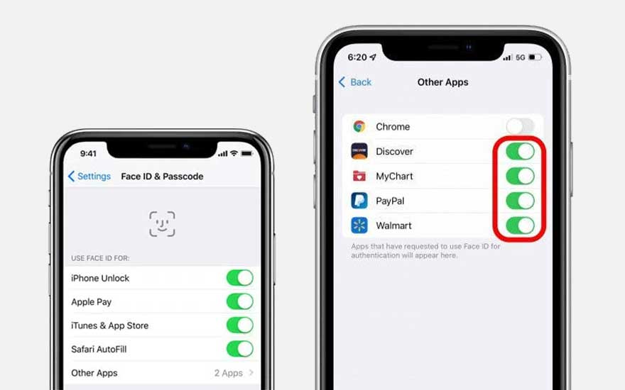 Deux iPhones affichent les paramètres Face ID ; celui de gauche a Face ID activé pour le déverrouillage et Apple Pay, celui de droite active Face ID pour d'autres applications.