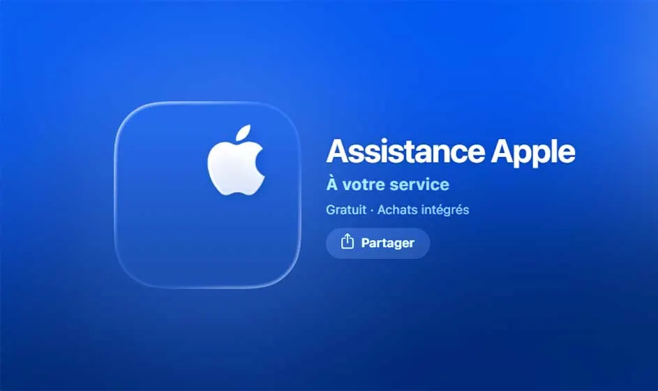 Un écran bleu affiche le logo Apple et l’application Assistance Apple. Le texte annonce une aide pour les produits Apple, gratuite avec achats intégrés.
