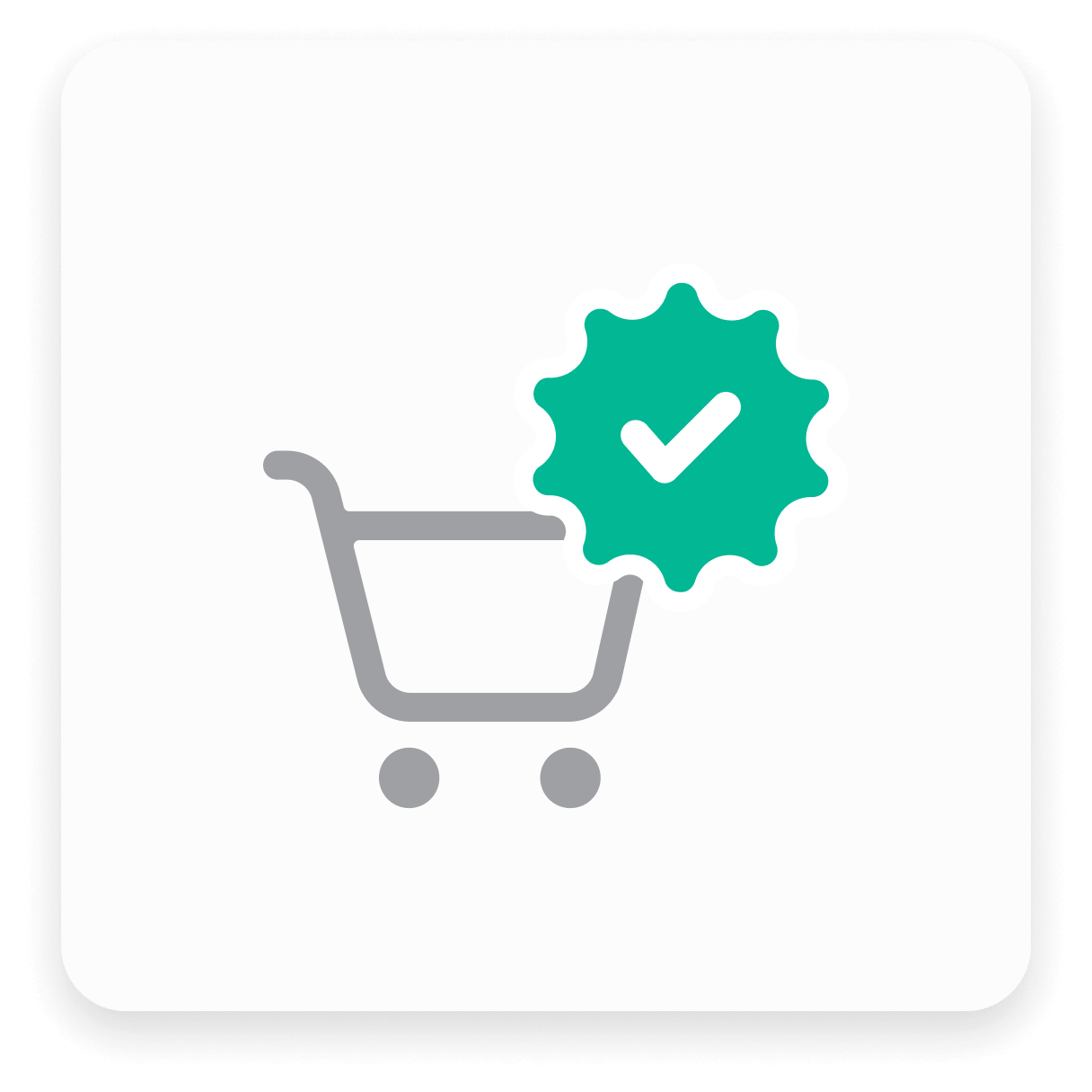 Grijze winkelwagen met groen vinkje op een witte achtergrond.