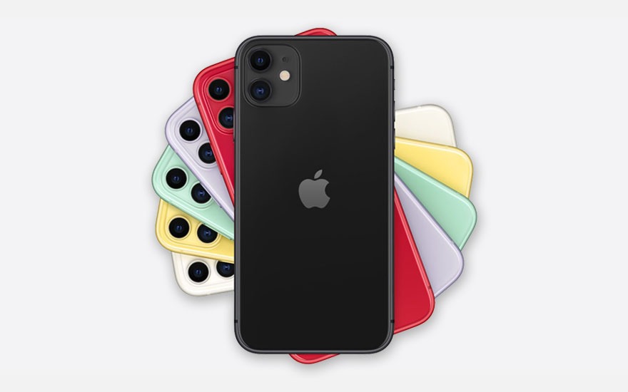 The image shows a black smartphone with a dual camera and Apple logo, surrounded by several colorful phone cases on a white background.