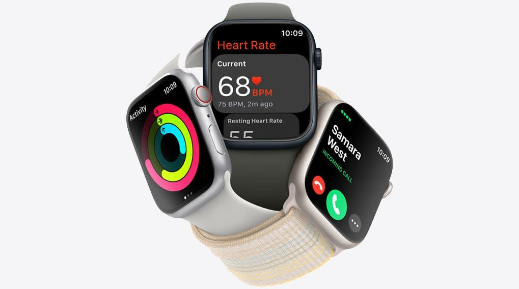 Drie Apple Watches tonen verschillende schermen: activiteit, hartslag (68 BPM) en een inkomende oproep van Samara West.