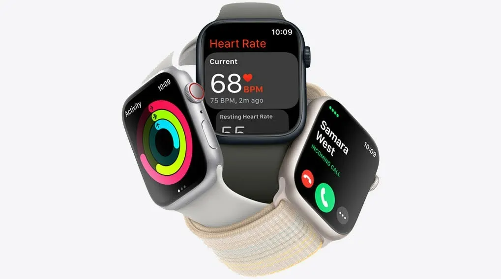 Drie Apple Watches tonen verschillende schermen: activiteit, hartslag (68 BPM) en een inkomende oproep van Samara West.