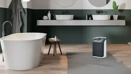 Salle de bain verte et blanche avec baignoire, lavabos, tabouret en bois et purificateur d'air sur plancher en bois.